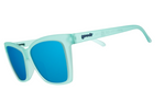 A pair of goodr sunglasses featuring a fuzzy mint green frame, bright blue mirrored lenses, and the goodr logo on the temple