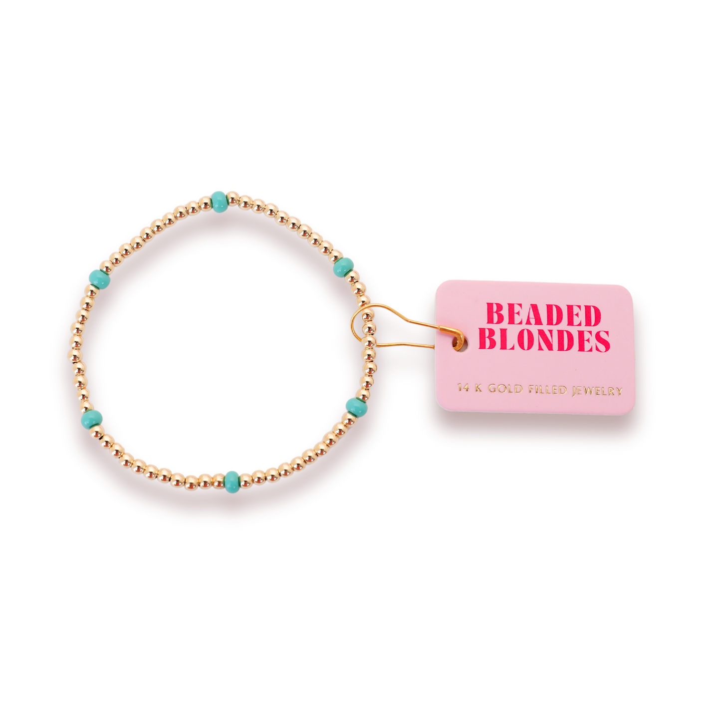 Beaded Blondes 14K gold filled beaded bracelet featuring bright turquoise accent beads and a prominent pink product tag