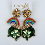 Beaded earrings by Golden Lily featuring gold sunburst tops, vibrant beaded rainbows, and green pots of gold embellished with sparkling shamrock four-leaf clovers