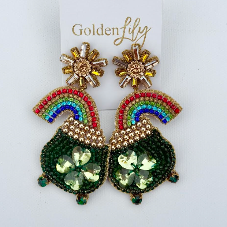 Beaded earrings by Golden Lily featuring gold sunburst tops, vibrant beaded rainbows, and green pots of gold embellished with sparkling shamrock four-leaf clovers