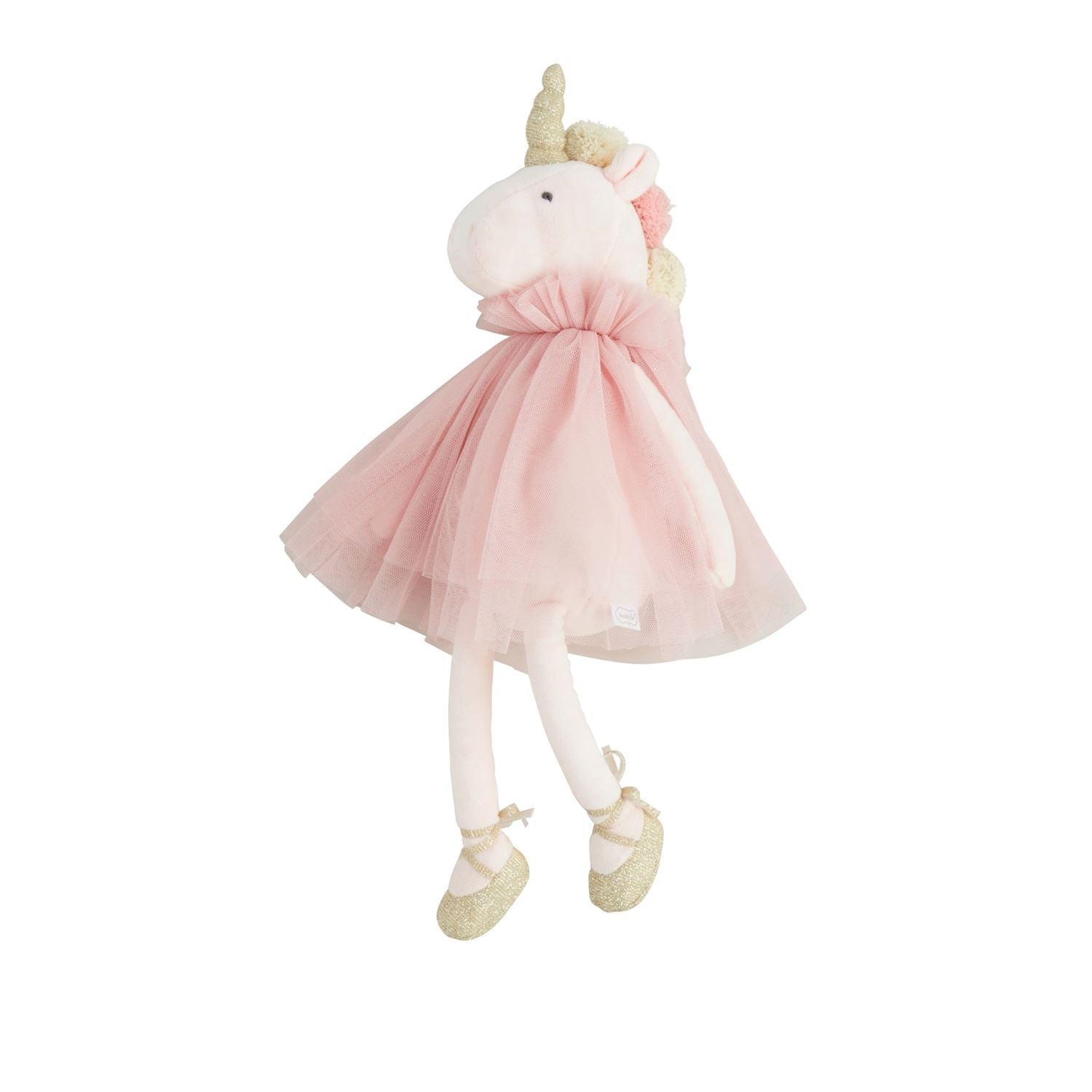 Plush unicorn toy wearing a pink tulle tutu and gold ballet slippers