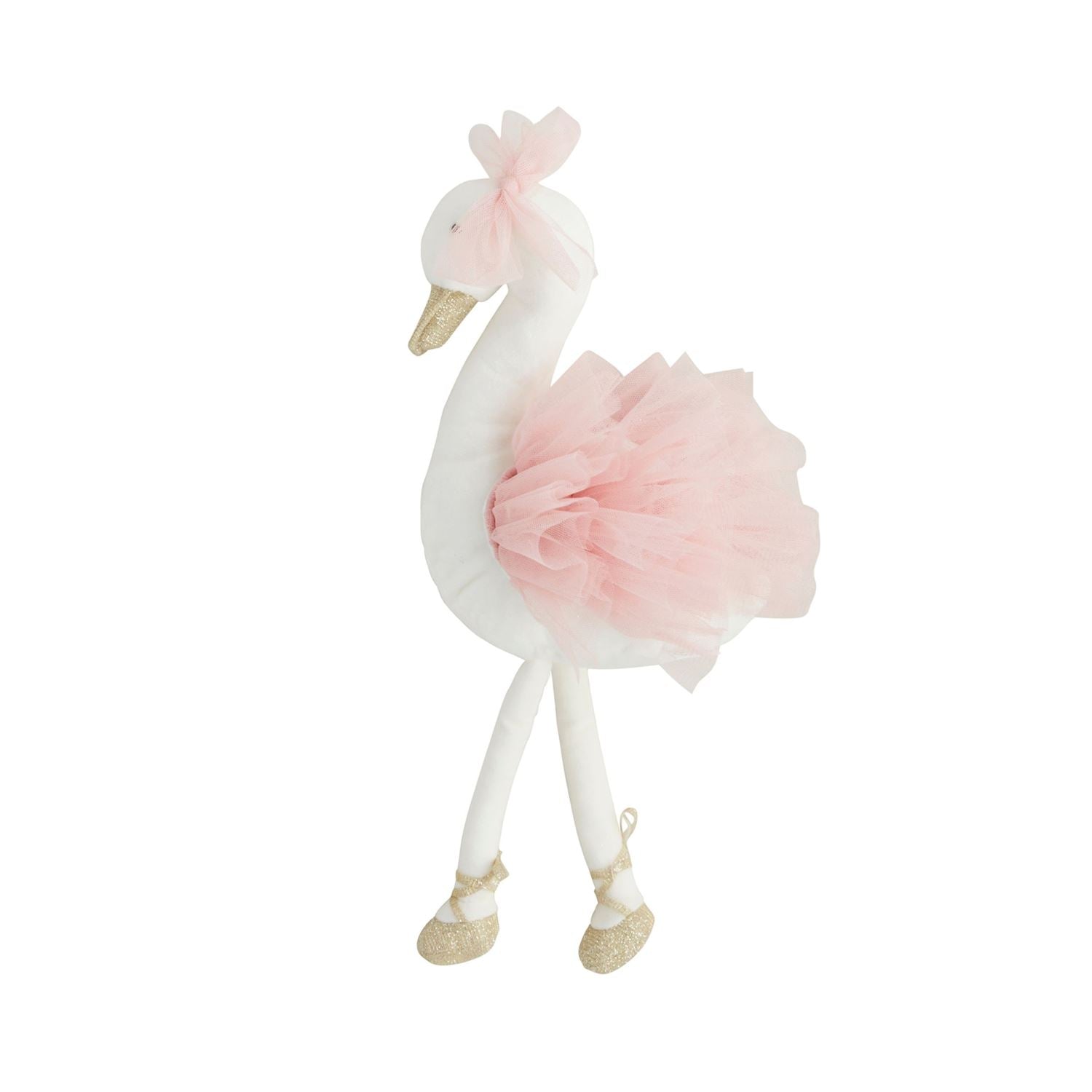 Plush toy swan with a pink tulle tutu a matching pink bow on its head and sparkling gold glitter beak and ballet slippers
