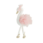 Plush white swan toy with a pink tulle tutu and gold ballet slippers