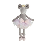 Grey plush mouse toy wearing a gold crown and a layered pink and purple tulle tutu with ballet slippers