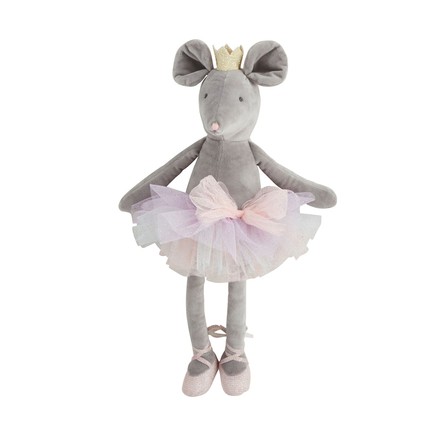 Grey plush mouse toy wearing a gold crown and a layered pink and purple tulle tutu with ballet slippers