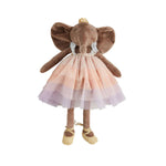Plush elephant toy wearing a tiered tulle skirt and a small gold crown