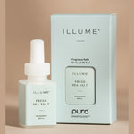 Illume Fresh Sea Salt Fragrance Refill for Pura Smart Scent system with its pale mint green packaging detailing 10mL 0.33 fl oz