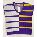 Mary Square knit sweater women's sleeveless V-neck sweater laid flat on a white background featuring a distinctive half-and-half design with purple and light grey horizontal stripes on the left and purple and bright yellow horizontal stripes on the right with the brand tag visible