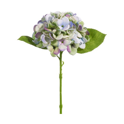 Artificial hydrangea stem with a multi-colored bloom featuring light blue, purple, and green petals, accompanied by a single green leaf on a tall green stem