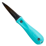 Toadfish filleting knife with a vibrant aqua handle featuring an embossed fish logo and a black blade displaying Toadfish™ text