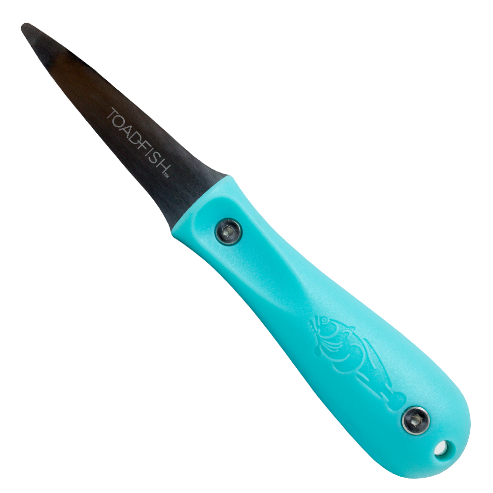 Toadfish filleting knife with a vibrant aqua handle featuring an embossed fish logo and a black blade displaying Toadfish™ text
