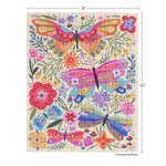 Illustration by Kenzie Kae Elston of colorful butterflies and flowers in a whimsical garden featuring a large pink butterfly with patterned wings, bright red blossoms, and delicate green sprigs