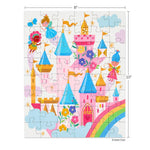 Jigsaw puzzle by Irene Chan depicting a whimsical pink castle with blue and gold turrets in a fairytale land, adorned with three colorful fairies, a vibrant rainbow, and golden stars