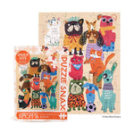 Jigsaw puzzle by Helen Black Designs showcasing a lively assembly of cartoon dogs and cats in varied breeds and vibrant colors, including a black bulldog with a WOOF speech bubble, a pink fluffy cat with a blue fish bandana, and a green spotted dog with a purple soccer ball