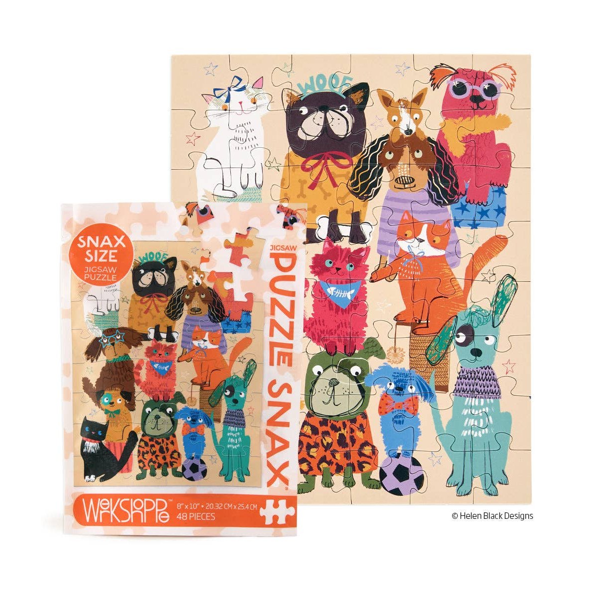 Jigsaw puzzle by Helen Black Designs showcasing a lively assembly of cartoon dogs and cats in varied breeds and vibrant colors, including a black bulldog with a WOOF speech bubble, a pink fluffy cat with a blue fish bandana, and a green spotted dog with a purple soccer ball