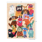 Jigsaw puzzle by Helen Black Designs featuring a vibrant collection of cartoon dogs and cats including a black bulldog in an orange WOOF shirt, a brown dog with star glasses, and a pink cat with a fishbone bandana