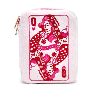White rectangular zippered pouch with pink embroidered Queen of Hearts playing card design