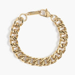 Photograph of a shiny gold chain bracelet with chunky curb links and a lobster clasp