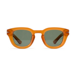 Orange sunglasses with dark lenses on a white background