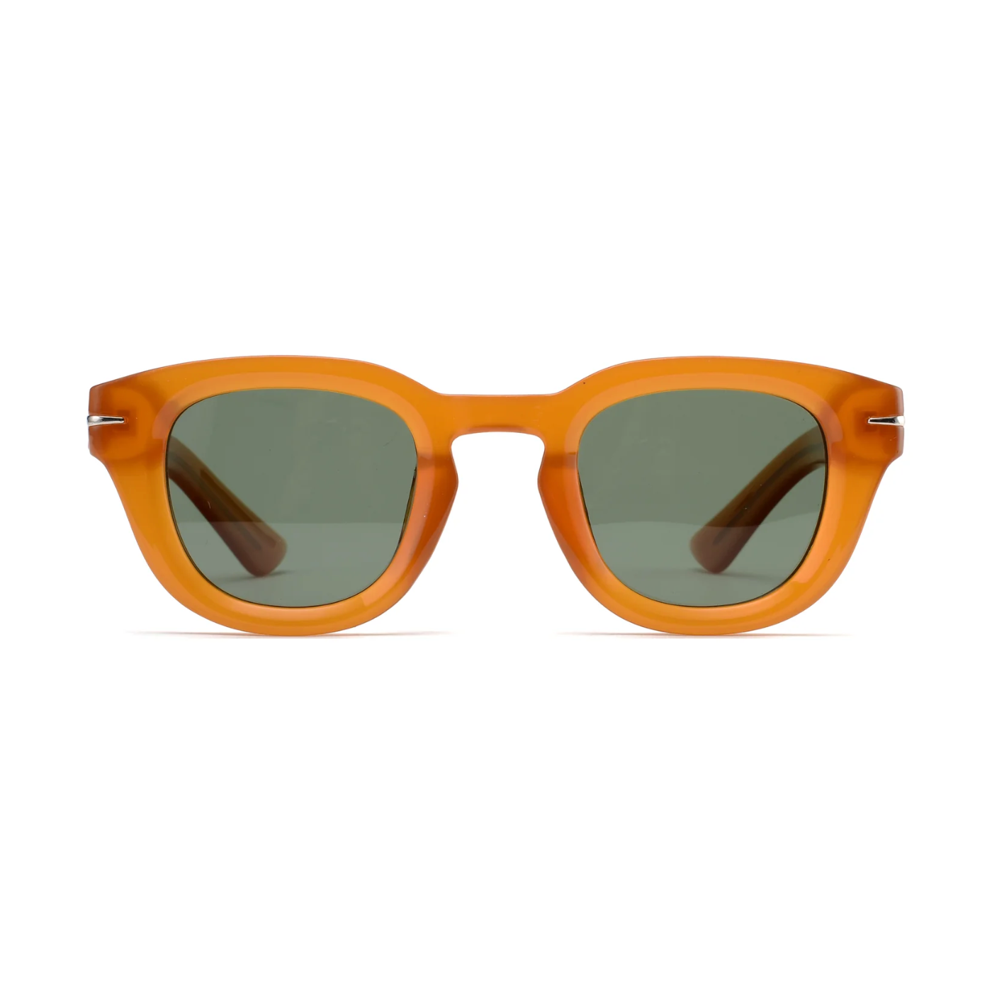 Orange sunglasses with dark lenses on a white background