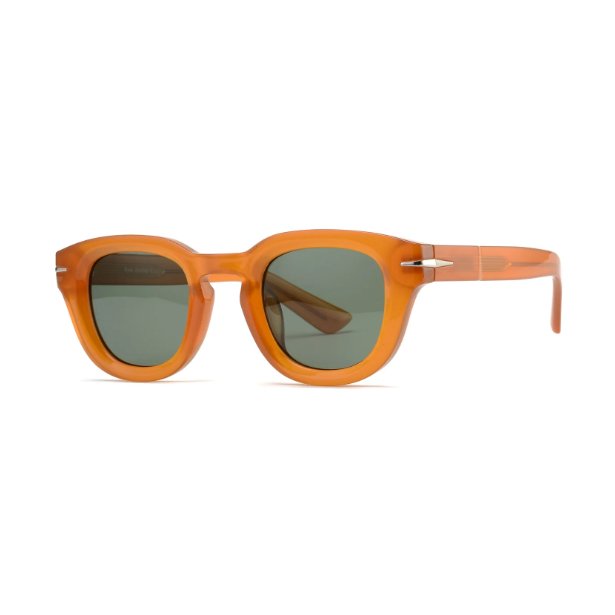 Orange sunglasses with dark lenses on a white background