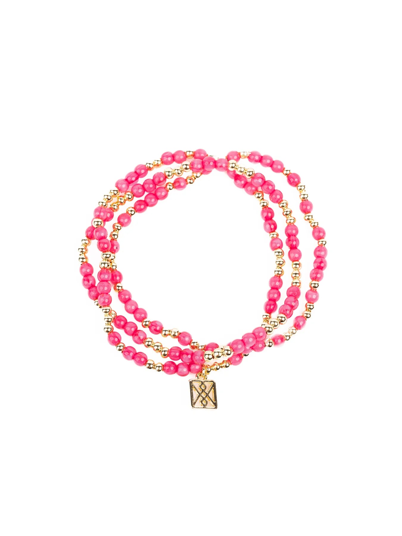 Jewelry triple-strand beaded bracelet on white background featuring vibrant pink beads interspersed with small gold beads and a square gold charm with an intricate geometric design