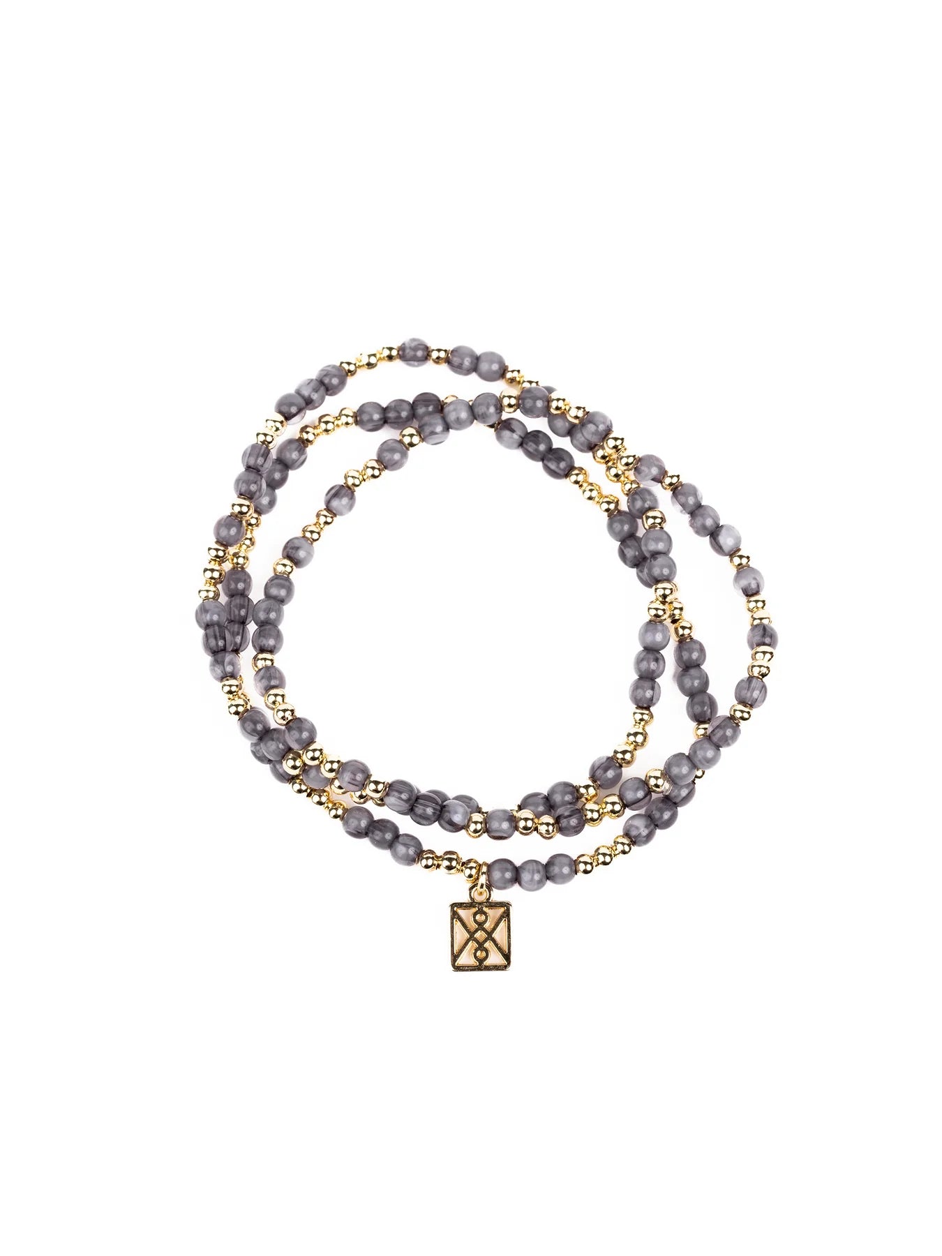 Jewelry: a double-strand beaded bracelet with gray variegated beads, small gold spherical spacers, and a square gold charm featuring an interwoven knot pattern, presented against a white background