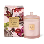 Product photo of a Glasshouse Fragrances Radiance In Bloom Tuberose & Orchid soy candle and its box, featuring a pale pink frosted jar with gold accents and a surreal collage box design with red lips, hands, and pink and purple orchids