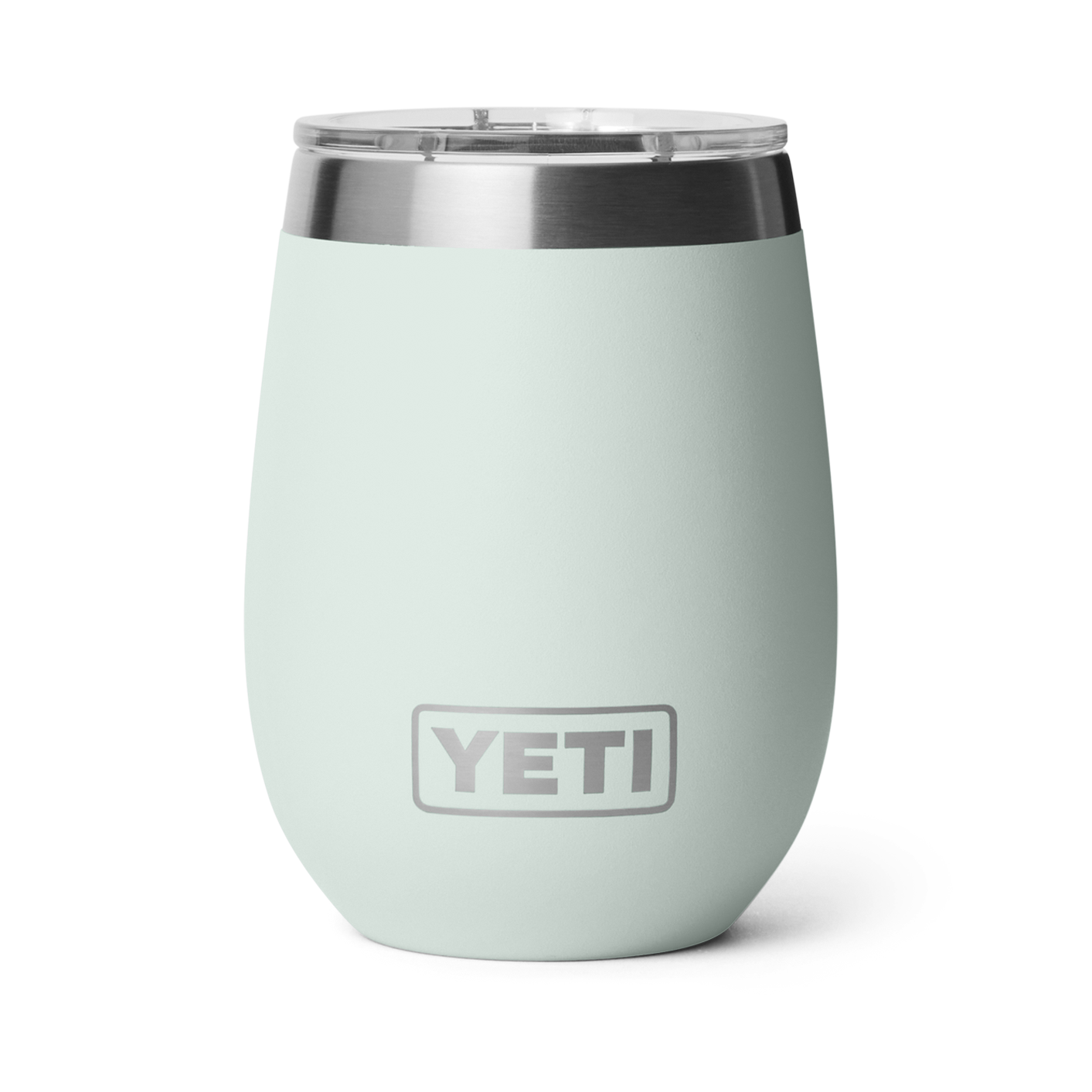 YETI Rambler seafoam green 10 oz Wine Tumbler with stainless steel rim and clear lid featuring the YETI logo