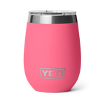 Product photograph YETI Rambler 10 oz Wine Tumbler in vibrant Coral Pink featuring a stainless steel rim and clear MagSlider lid on a crisp white background