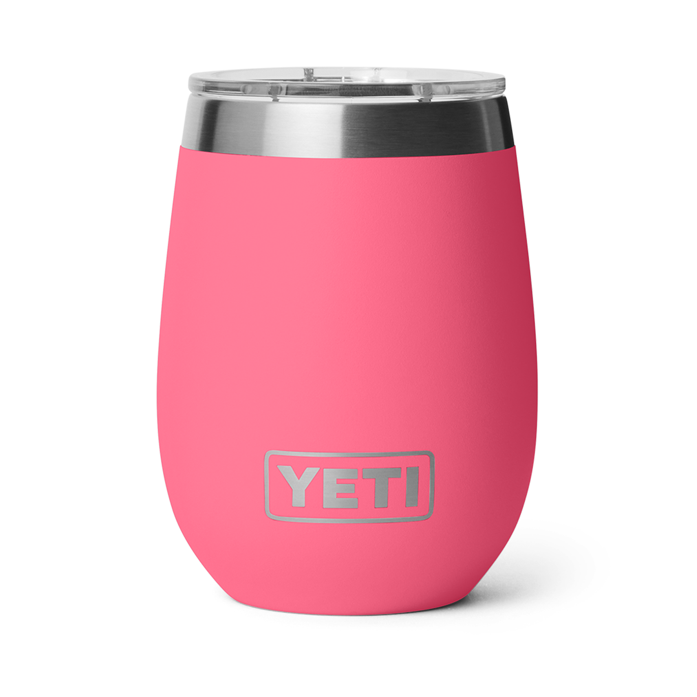 Product photograph YETI Rambler 10 oz Wine Tumbler in vibrant Coral Pink featuring a stainless steel rim and clear MagSlider lid on a crisp white background