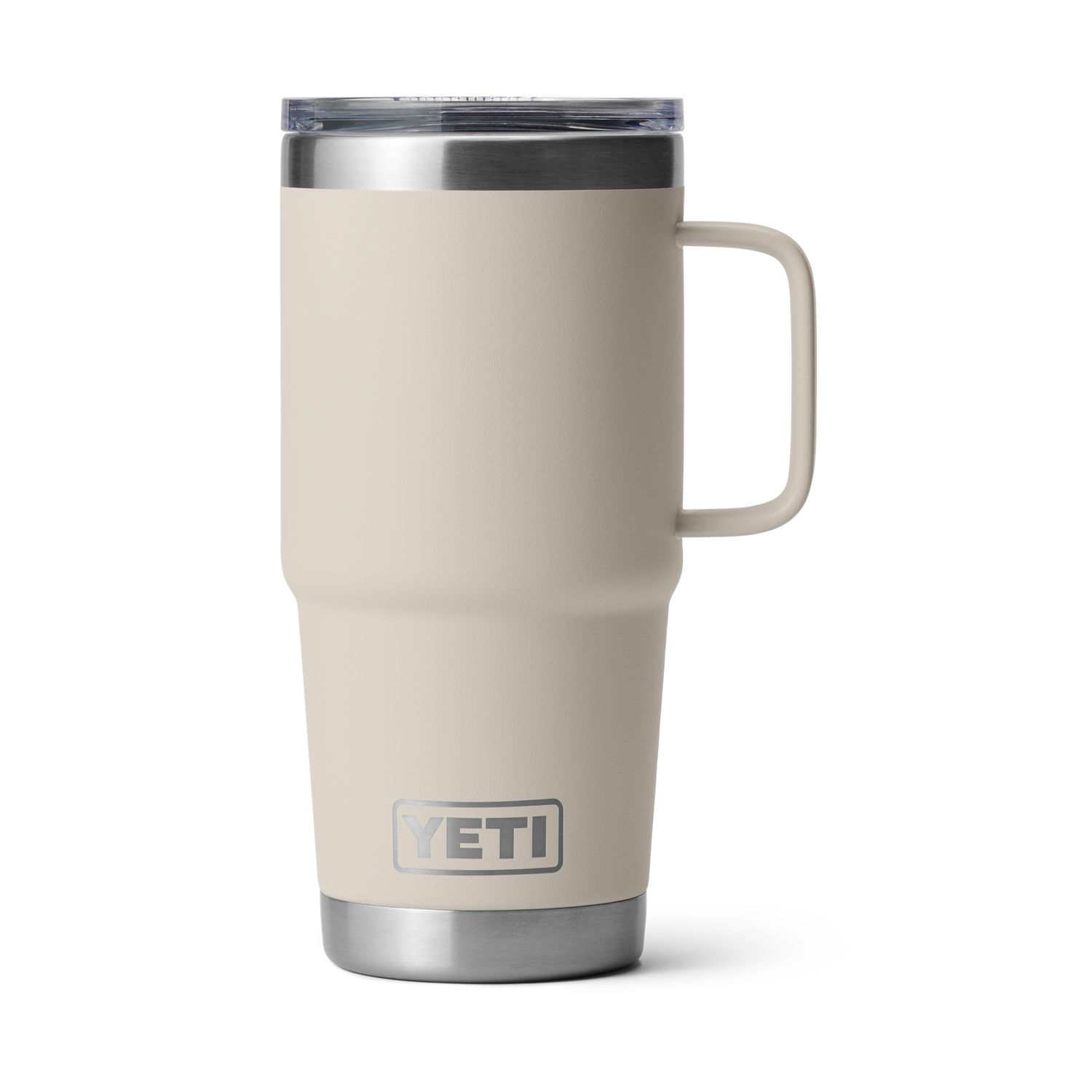 YETI Rambler product photograph featuring a tall light beige travel mug with a robust integrated handle, clear MagSlider lid, polished stainless steel accents, and the iconic YETI logo, all isolated on a black background