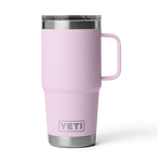 Pink speckled YETI Rambler Travel Mug with an integrated handle, clear plastic lid, and stainless steel base featuring the YETI brand logo
