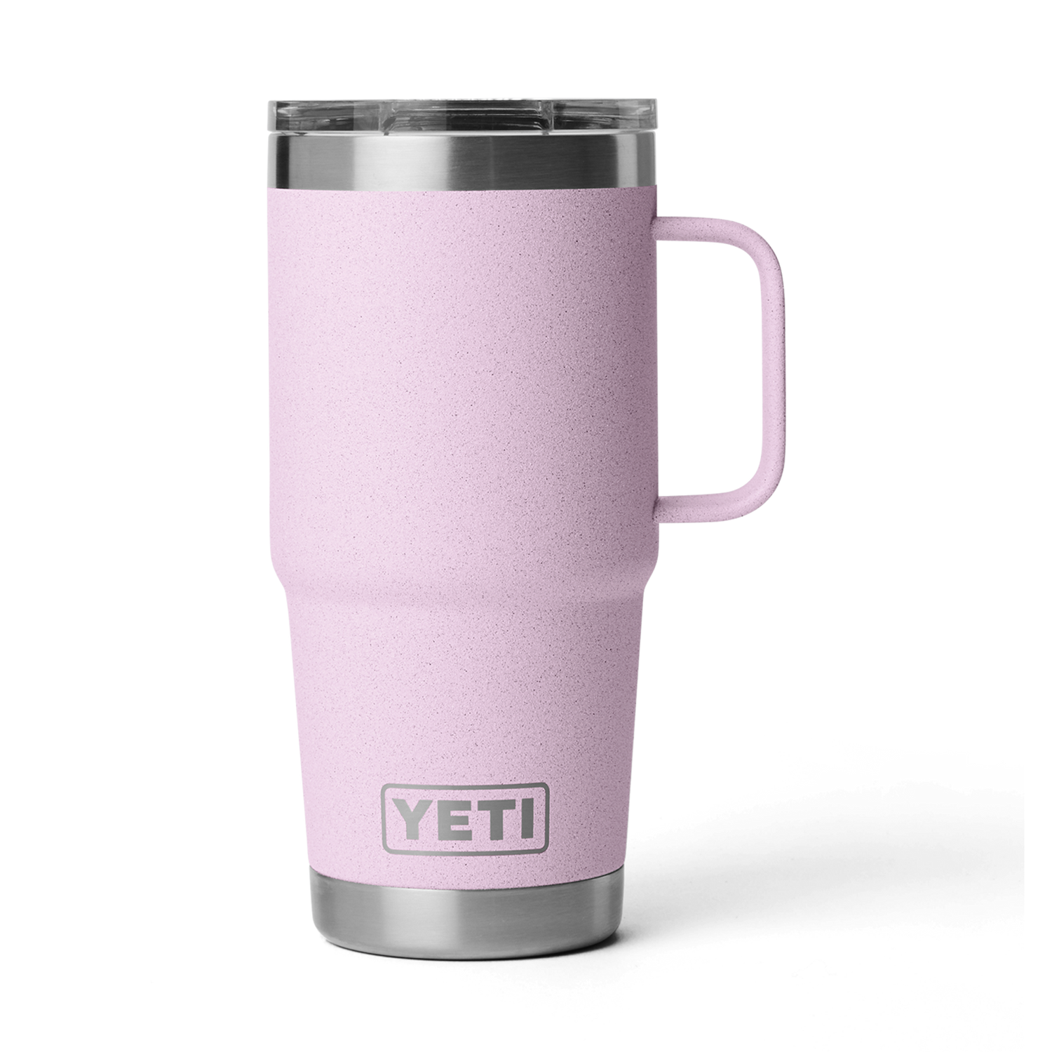 Pink speckled YETI Rambler Travel Mug with an integrated handle, clear plastic lid, and stainless steel base featuring the YETI brand logo