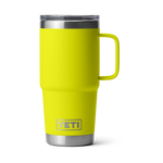 Product photography of a bright neon yellow YETI Rambler mug with an integrated handle, a clear MagSlider lid, and a polished stainless steel base, isolated on a black background