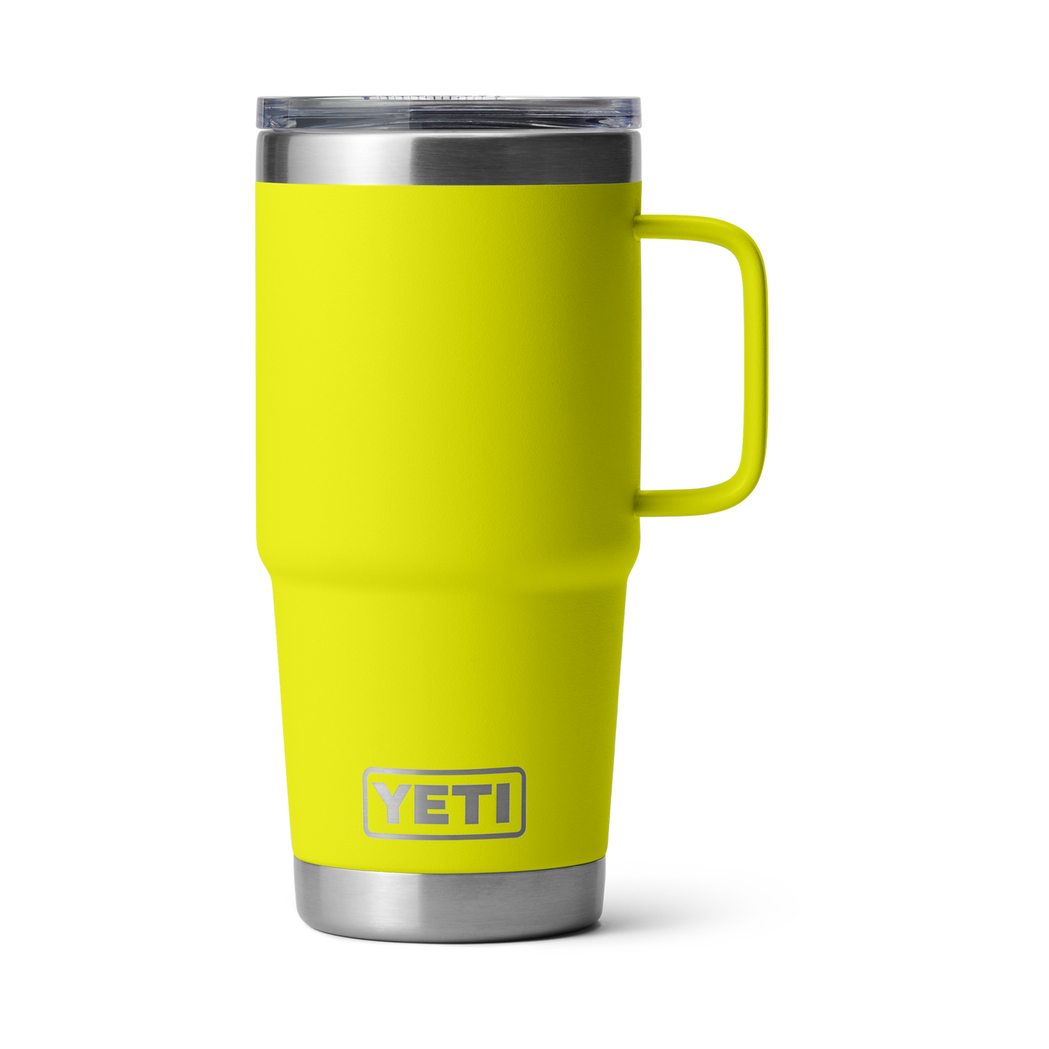 Product photography of a bright neon yellow YETI Rambler mug with an integrated handle, a clear MagSlider lid, and a polished stainless steel base, isolated on a black background