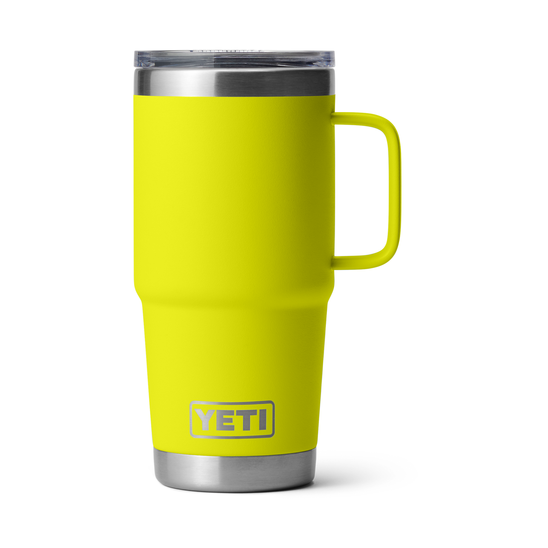 Product photography of a bright neon yellow YETI Rambler mug with an integrated handle, a clear MagSlider lid, and a polished stainless steel base, isolated on a black background