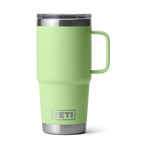 YETI light green Rambler mug with a side handle, stainless steel top and base, and the YETI logo embossed on the front