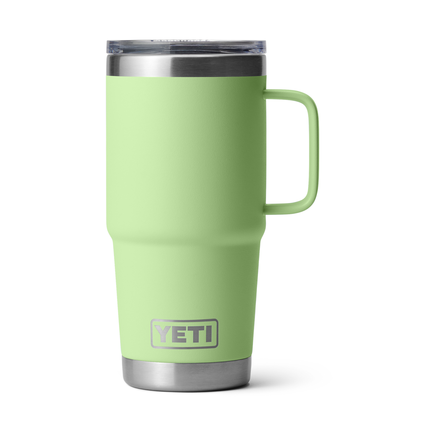YETI light green Rambler mug with a side handle, stainless steel top and base, and the YETI logo embossed on the front