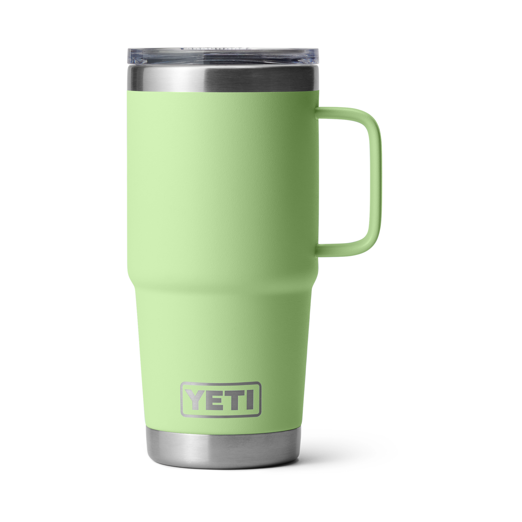 YETI light green Rambler mug with a side handle, stainless steel top and base, and the YETI logo embossed on the front