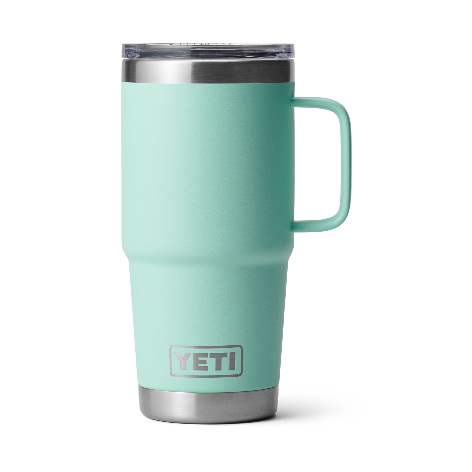Product image of a YETI seafoam green Rambler 30 oz travel mug with an integrated handle clear MagSlider lid and stainless steel base