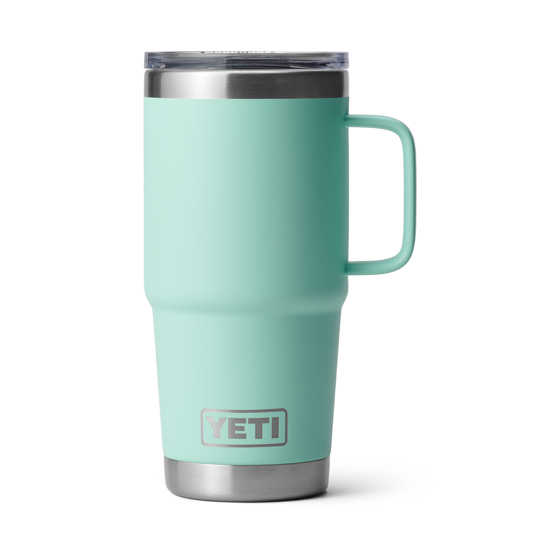 Product image of a YETI seafoam green Rambler 30 oz travel mug with an integrated handle clear MagSlider lid and stainless steel base