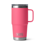 YETI hot pink Rambler travel mug isolated showing the silver YETI logo, integrated handle, and clear lid with stainless steel trim