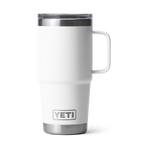 Product photography of a white Yeti Rambler travel mug featuring an integrated handle, stainless steel accents, and the Yeti logo