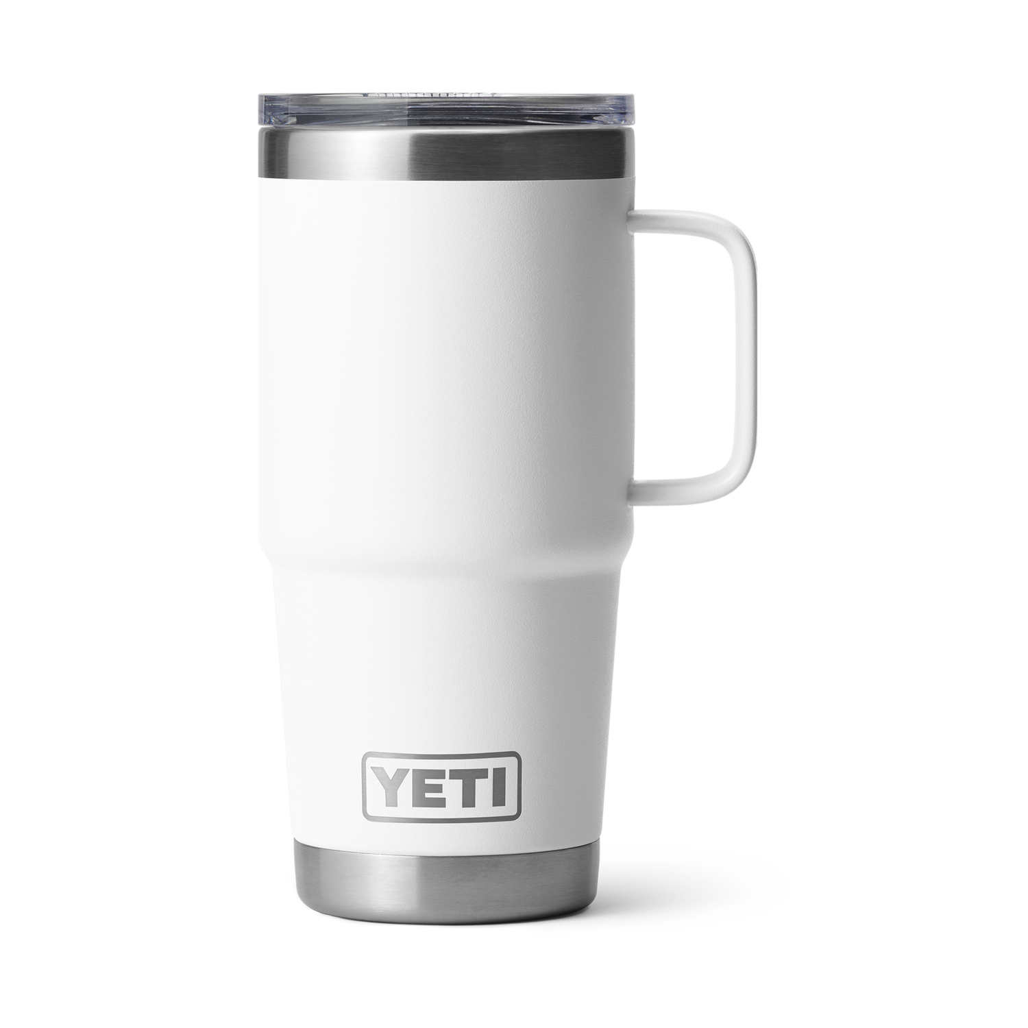 Product photography of a white Yeti Rambler travel mug featuring an integrated handle, stainless steel accents, and the Yeti logo