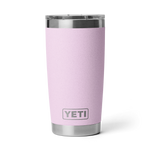 Digital photograph of a YETI Rambler tumbler on a plain black background featuring a lilac granulated finish, a stainless steel base, a clear lid, and the gray YETI logo