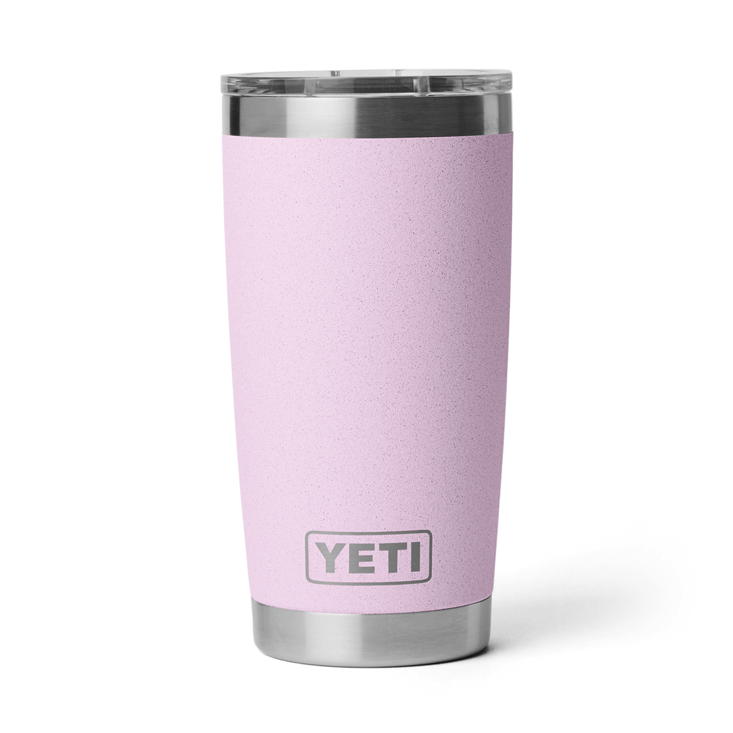 Digital photograph of a YETI Rambler tumbler on a plain black background featuring a lilac granulated finish, a stainless steel base, a clear lid, and the gray YETI logo
