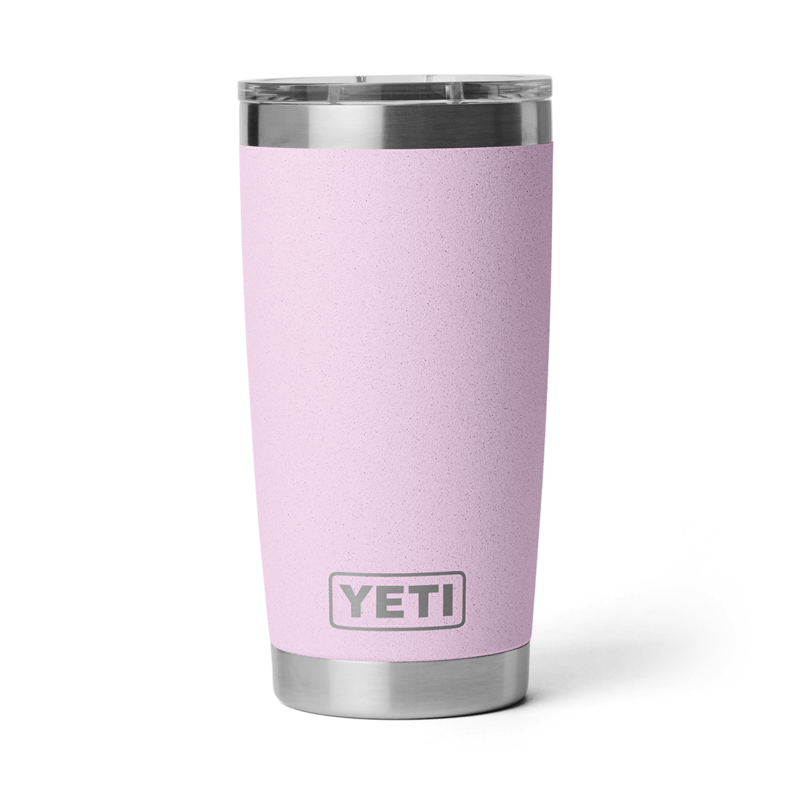 Digital photograph of a YETI Rambler tumbler on a plain black background featuring a lilac granulated finish, a stainless steel base, a clear lid, and the gray YETI logo