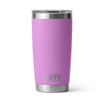 YETI Rambler 20 oz tumbler featuring a matte lilac purple finish, a brushed stainless steel base and rim, clear MagSlider lid, and the prominent YETI logo, isolated on white