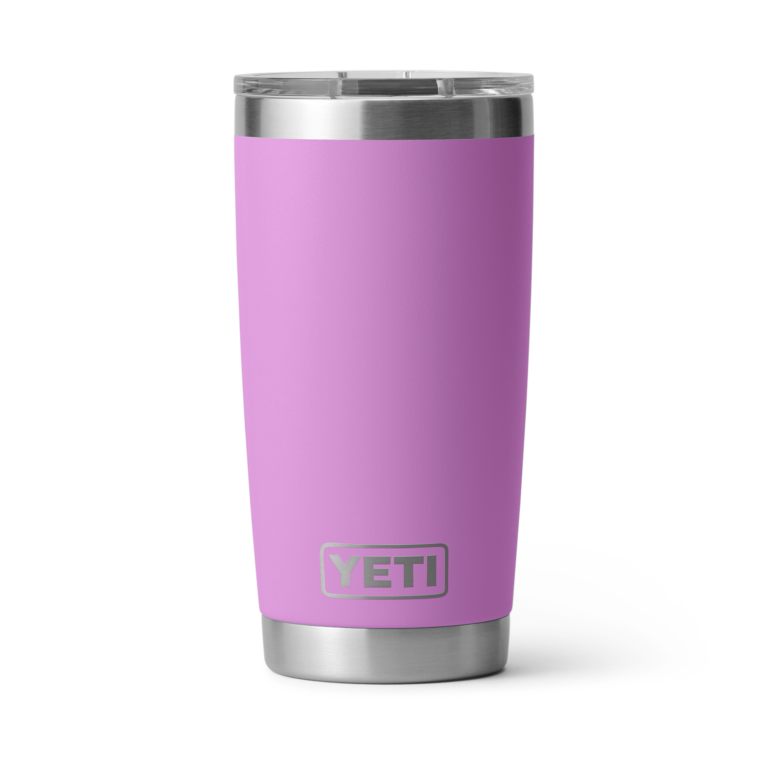 YETI Rambler 20 oz tumbler featuring a matte lilac purple finish, a brushed stainless steel base and rim, clear MagSlider lid, and the prominent YETI logo, isolated on white